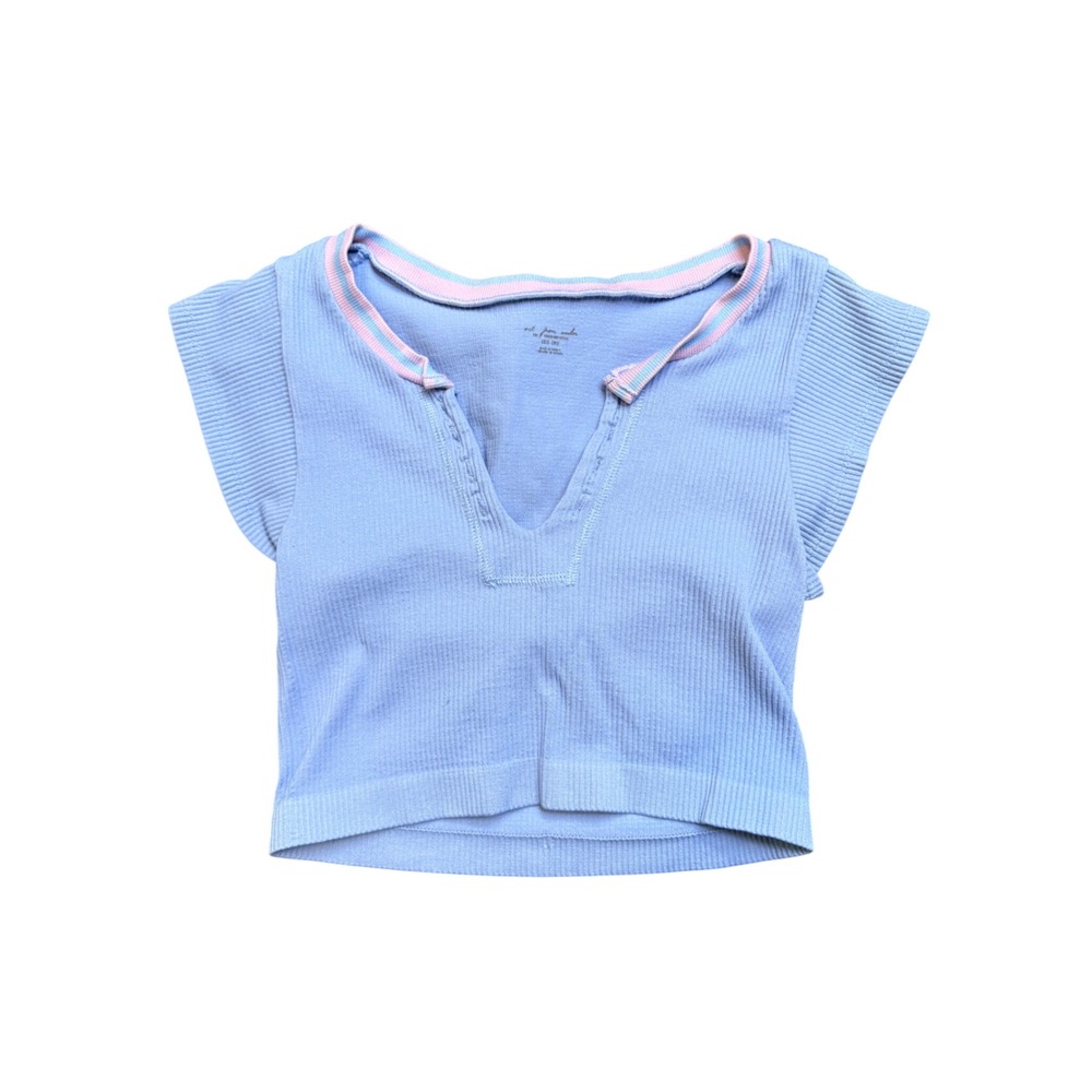Blue Ribbed Split Neck Cap Sleeve Crop Top XS/S FREE PEOPLE